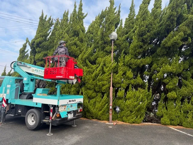 高所作業車を使って、駐車場の照明をLEDにしました